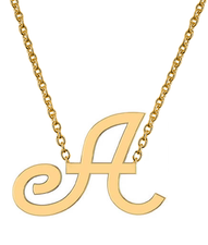 Uppercase cursive capital letter initial necklace in 14k yellow gold.
