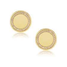Diamond halo round disc shape single letter engravable stud post earrings in 14k yellow gold.