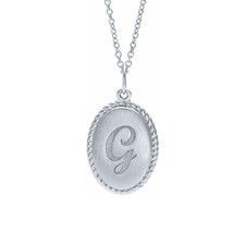 Engraved oval disc rope pendant in sterling silver.