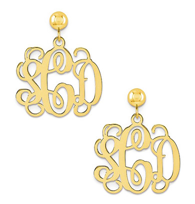 Three letter monogram dangle earrings script font 14k yellow gold.