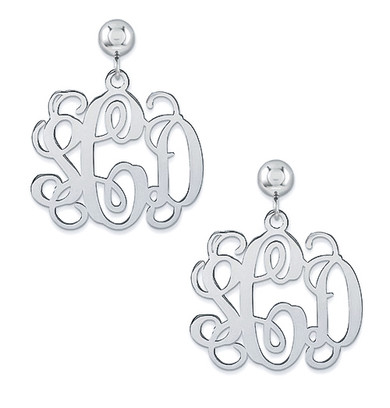 Three letter monogram dangle earrings script font 14k white gold.