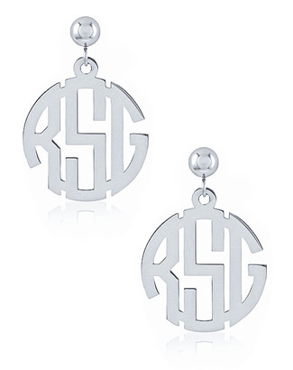 Personalized round shaped three letter block monogram initial dangle drop post earrings in sterling silver.