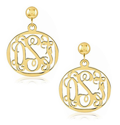 Monogram script three letter initial frame dangle drop earrings 14K yellow gold.