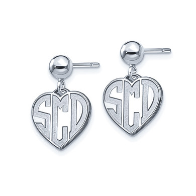 Personalized etched heart monogram initial drop earrings in sterling silver.