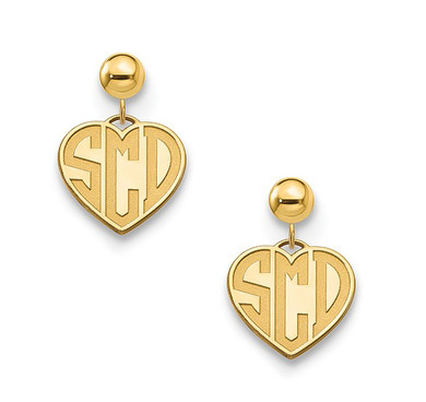 Personalized etched heart monogram initial drop earrings in 14K yellow gold.