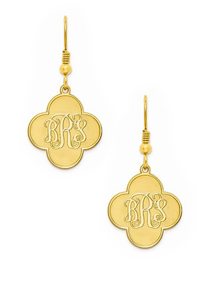 Quatrefoil Monogram French Wire Drop Earrings in 14K yellow gold.