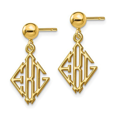 Diamond Shape Monogram Cut Out Drop Earrings in 14K yellow gold.