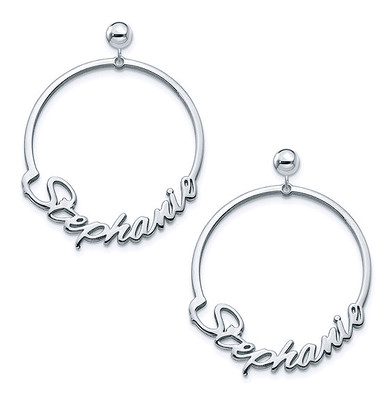 Avida round hoop name earrings in sterling silver.