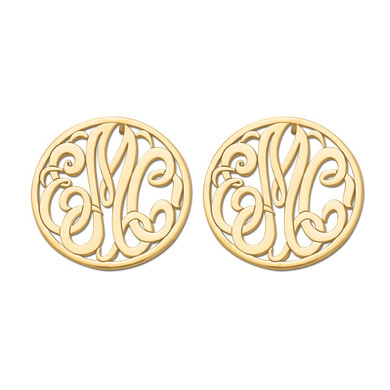 Circle monogram script initial cut out post clutch earrings in 14K yellow gold.