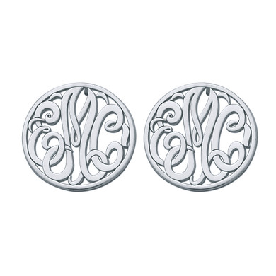 Circle monogram script initial cut out post clutch earrings in sterling silver.