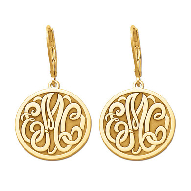 Personalized monogram initial circle disc lever back earrings in 14K yellow gold.