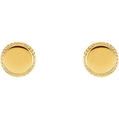 Rope design halo round disc shape personalized single letter engravable post earrings in 14K yellow gold.