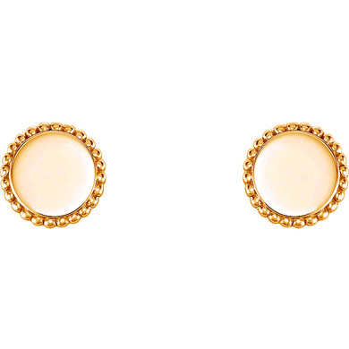 Beaded style halo round disc shape personalized engravable post earrings in 14K yellow gold.