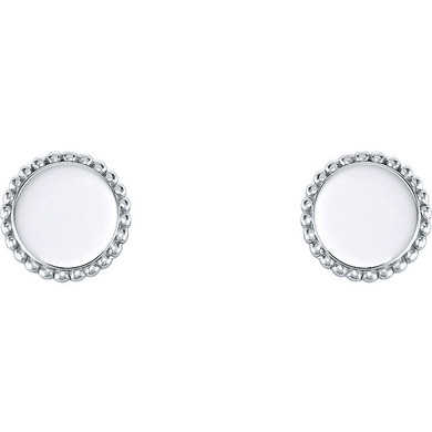 Beaded style halo round disc shape personalized engravable post earrings in sterling silver.