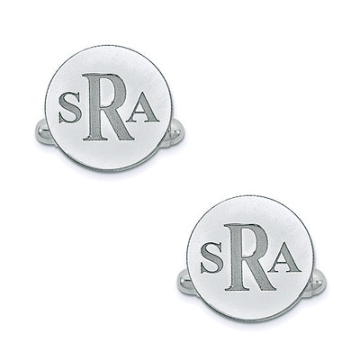Mens recessed initials round circle monogram cufflinks in sterling silver.