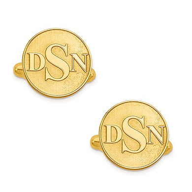 Mens raised initials round circle monogram cufflinks in 14K yellow gold.