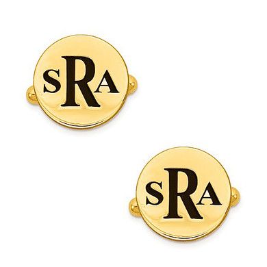 Mens black enameled initials round circle monogram cufflinks in 14K yellow gold.