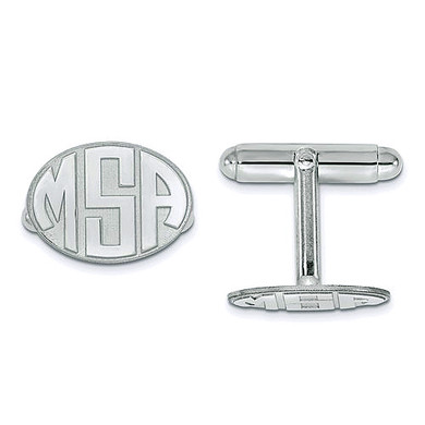 Mens raised initials oval monogram cufflinks in sterling silver.