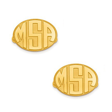 Mens raised initials oval monogram cufflinks in 14K yellow gold.