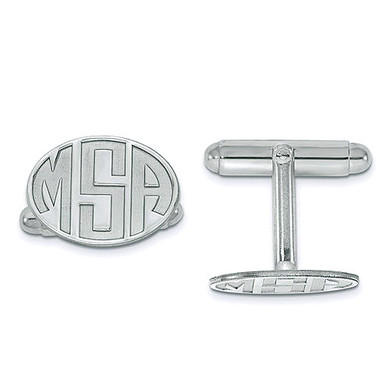 Mens recessed initials oval monogram cufflinks in sterling silver.