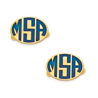 Mens blue enamel initials oval monogram cufflinks in 14K yellow gold.