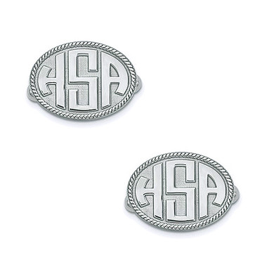 Mens raised initials oval rope framed monogram cufflinks in sterling silver.