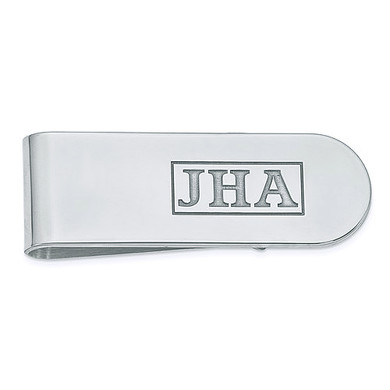 Mens recessed initial monogram curved end money clip in 14K sterling silver.