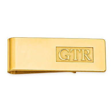 Mens raised initial monogram money clip in 14K yellow gold.