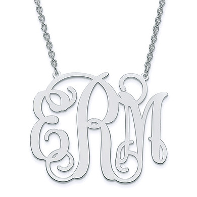 Monogram three letter initial name plate necklace large version in sterling silver.