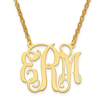 Monogram three letter initial name plate necklace small version in 14K yellow gold.