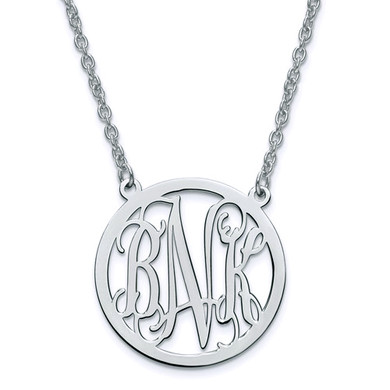 Polished circle monogram initial name plate necklace large in sterling silver.