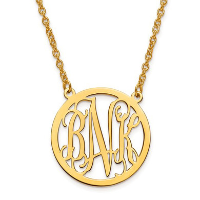 Polished circle monogram initial name plate necklace large in 14K yellow gold.