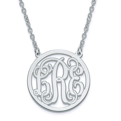 Etched circle monogram initial name plate necklace medium in sterling silver.