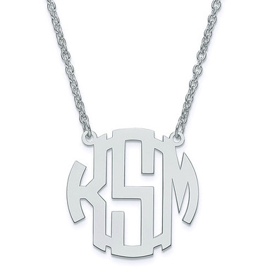 Block letter circle monogram cut out plate pendant necklace 25mm in sterling silver.