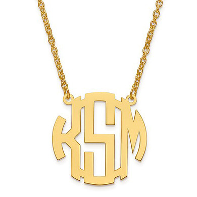 Block letter circle monogram cut out plate pendant necklace 25mm in 14K yellow gold.