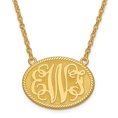 Oval monogram three letter pendant rope border necklace small version in 14K yellow gold.