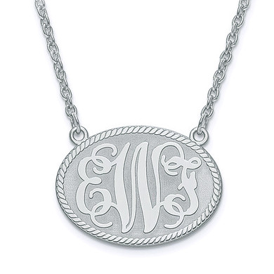 Oval monogram three letter pendant rope border necklace medium version in sterling silver.
