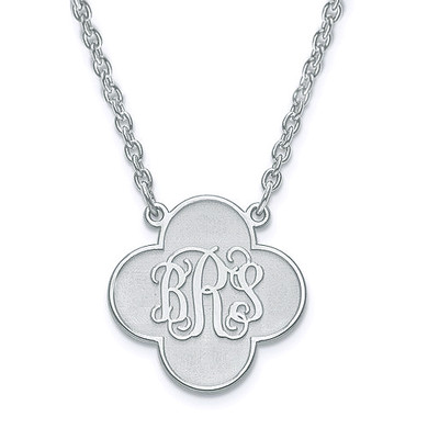 Quatrefoil Irish clover shaped monogram pendant necklace in sterling silver.