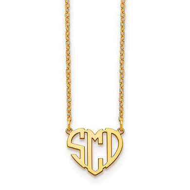 Heart shaped cut out monogram pendant plate necklace in 14K yellow gold.