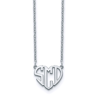 Heart shaped cut out monogram pendant plate necklace in sterling silver.