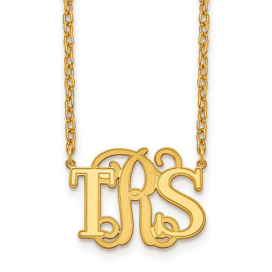 Monogram vine and block letter pendant necklace in 14K yellow gold.