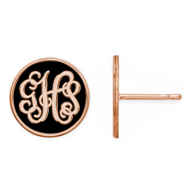 Personalized black enameled monogram initial circle disc post earrings in 14K rose gold.