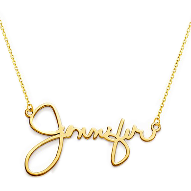 Signature cursive name plate necklace in 14K yellow gold.