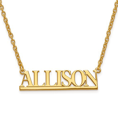 Capital letters underlined name plate necklace in 14K yellow gold.
