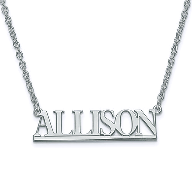 Capital letters underlined name plate necklace in sterling silver.
