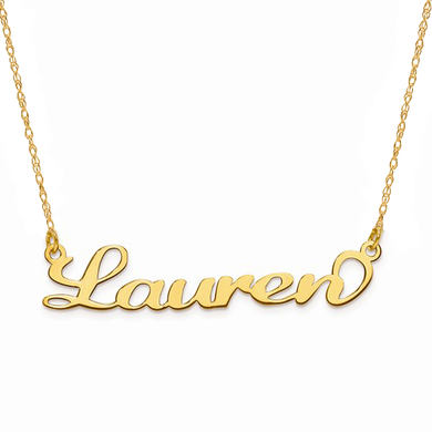 Polished cursive name plate necklace in 14K yellow gold.