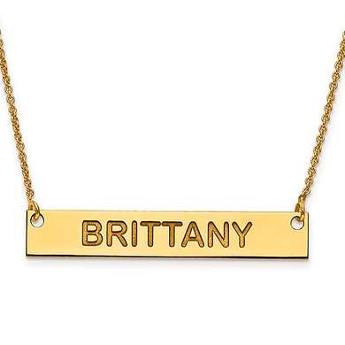 Polished capital letter name bar necklace in 14K yellow gold 38mm.