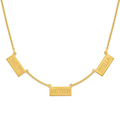 Three name bars brushed finish station style necklace in 14K yellow gold.