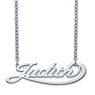 Connected polished name plate necklace in sterling silver.