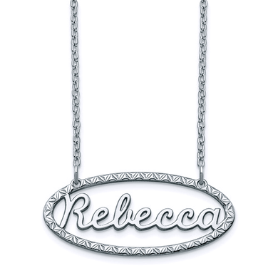 Oval halo framed cursive name plate necklace in sterling silver.